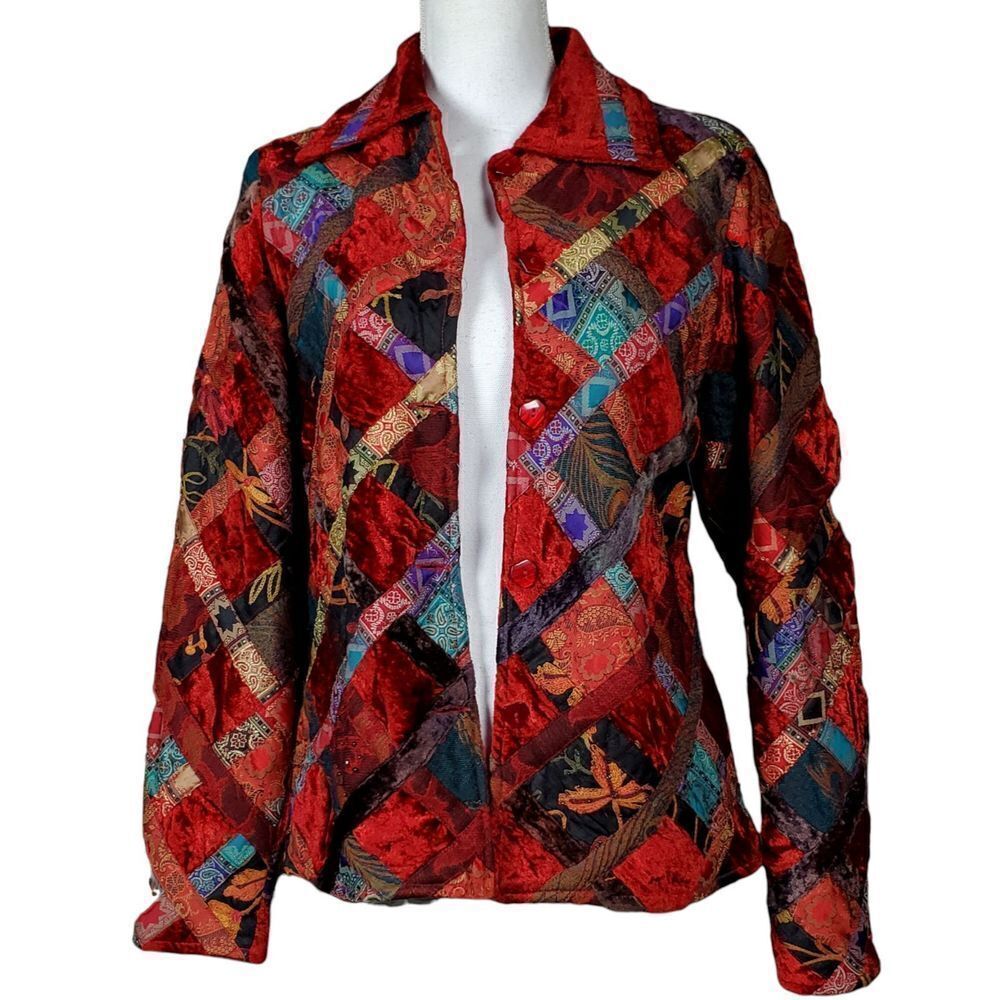 Anu Jacket Size Small Velvet Patchwork Red Silk W… - image 1